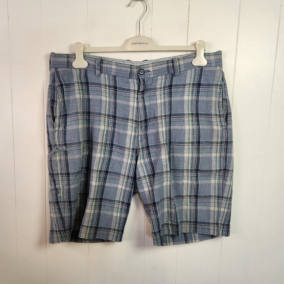 Tommy Bahama Blue Plaid Flat Mens Size 38 Cotton Linen 9.5" Shorts Beach Travel - Picture 1 of 10